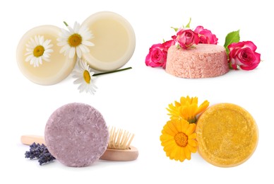 Image of Set with solid shampoo bars on white background. Hair care