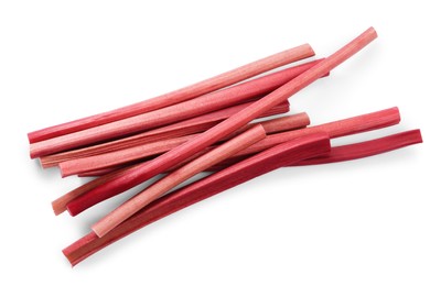 Photo of Fresh rhubarb stalks isolated on white, top view