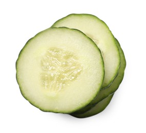 Photo of Stack of fresh cut cucumber isolated on white, top view