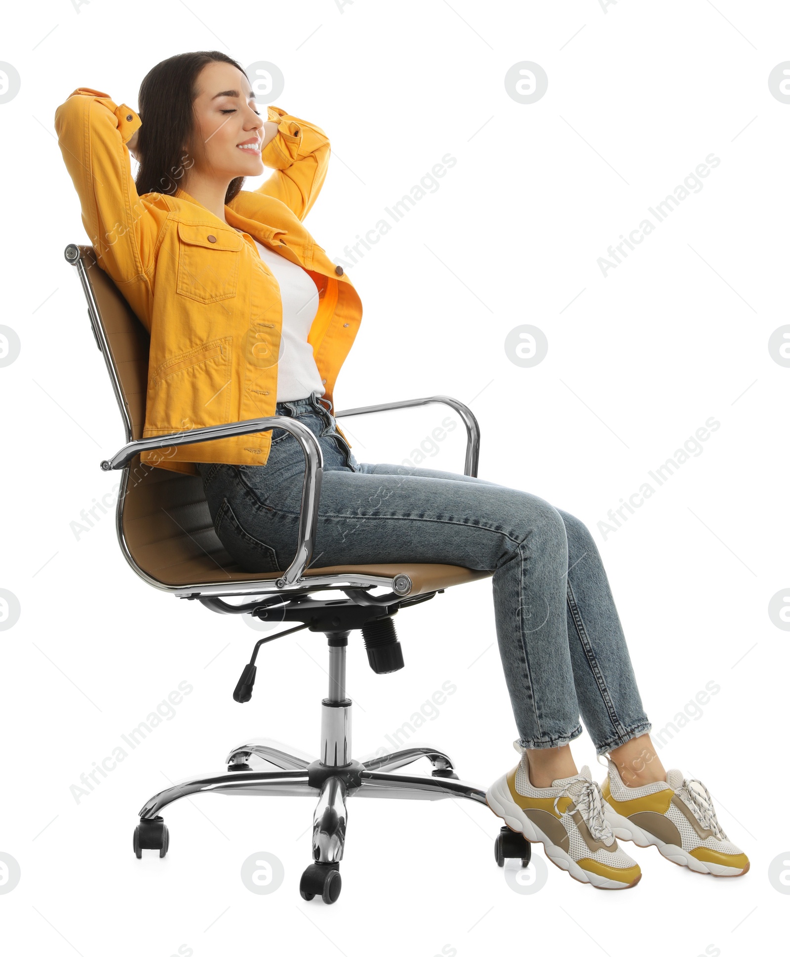 Photo of Young woman relaxing in comfortable office chair on white background