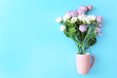 Photo of Bouquet of beautiful flowers on color background, top view