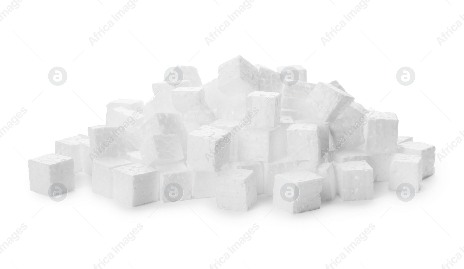 Photo of Pile of styrofoam cubes on white background