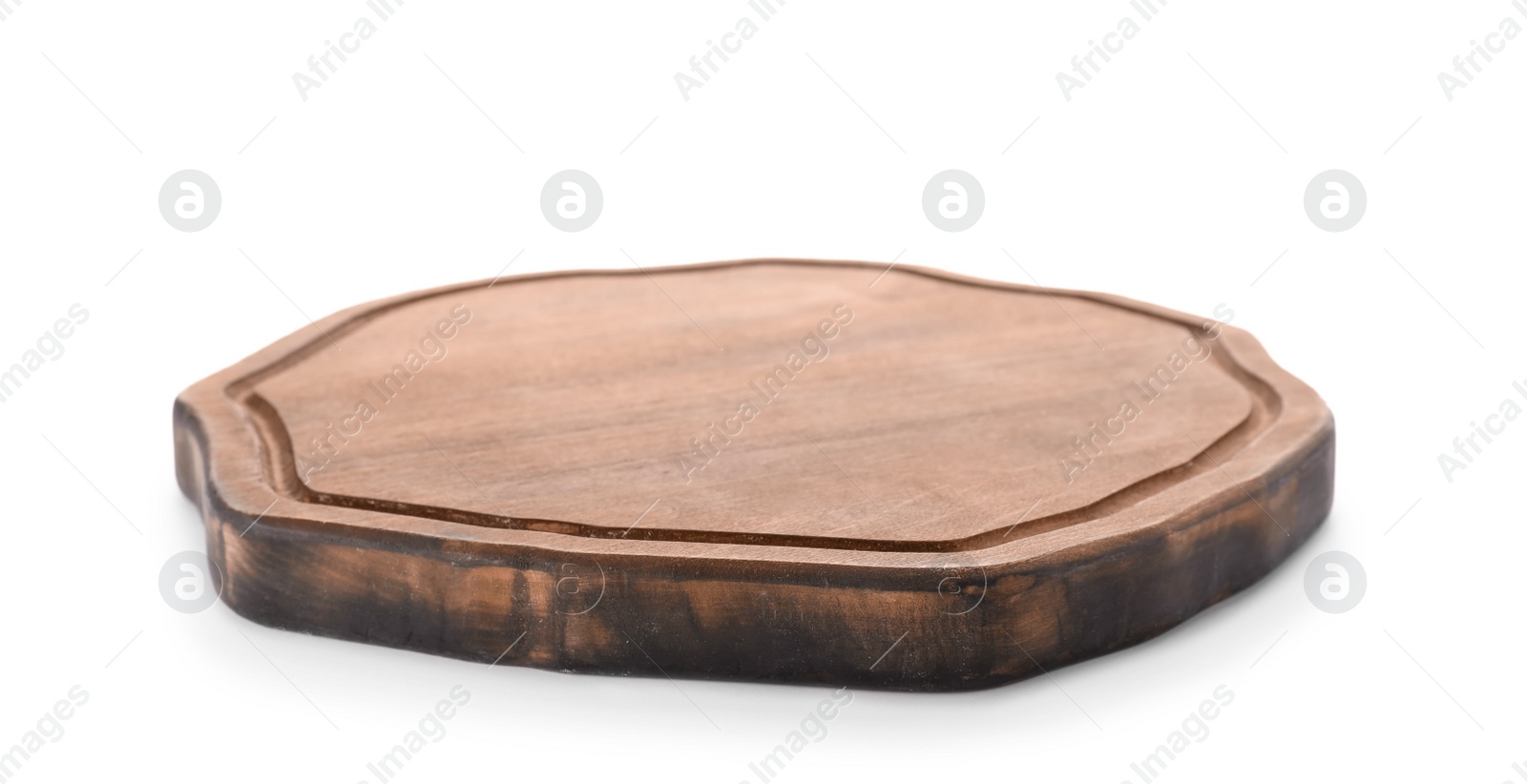 Photo of Wooden board on white background. Kitchen accessory