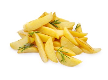 Tasty baked potato wedges with rosemary on white background