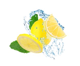 Image of Fresh ripe lemon, mint and splashing water on white background