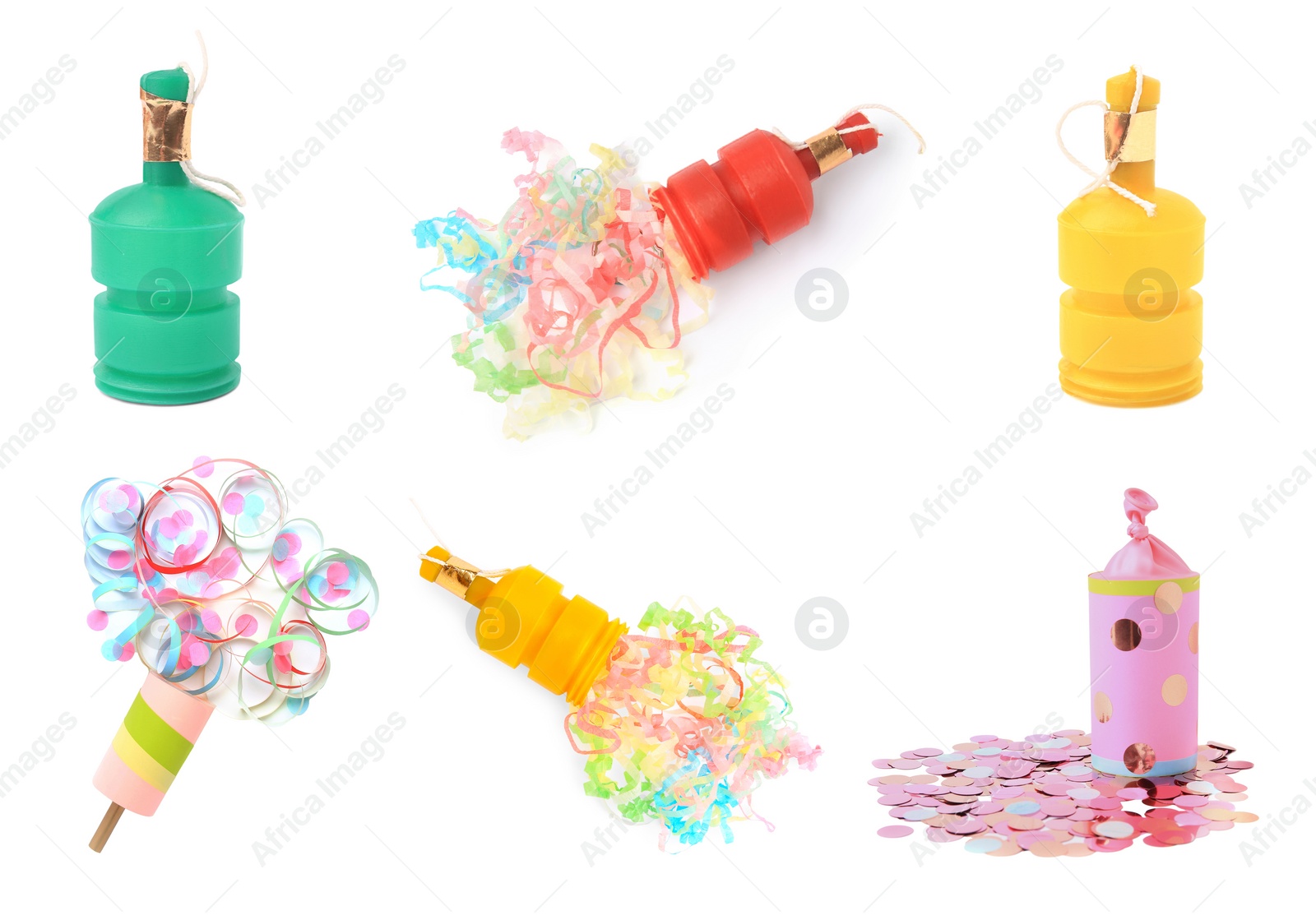 Image of Collage with party poppers isolated on white