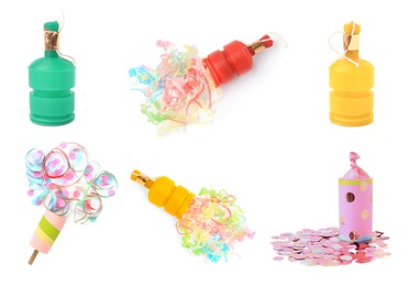 Collage with party poppers isolated on white