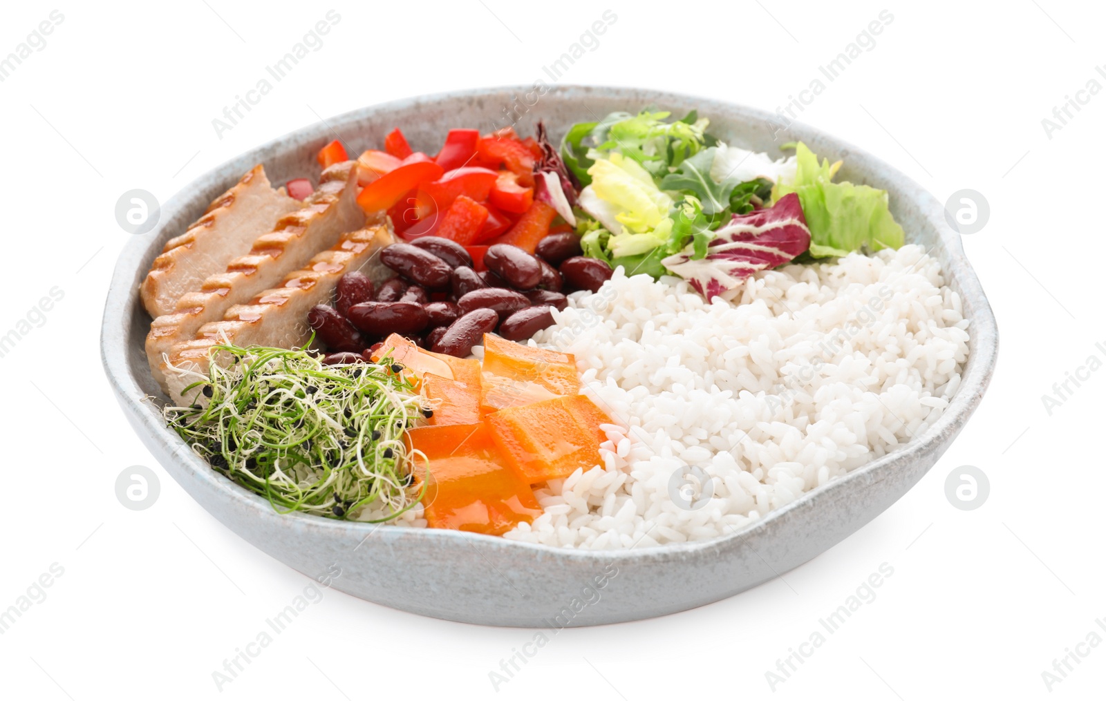 Photo of Tasty rice with beans, vegetables and meat isolated on white