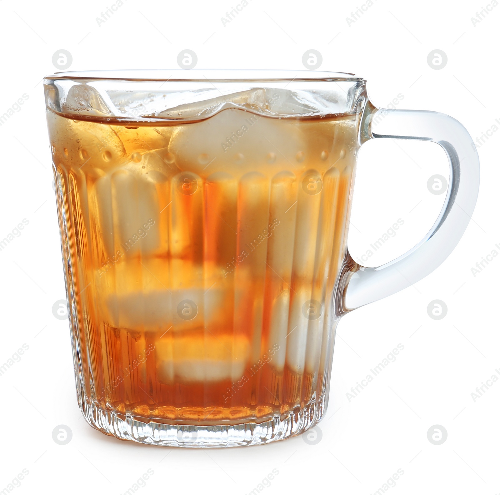 Photo of Cup of refreshing iced tea on white background