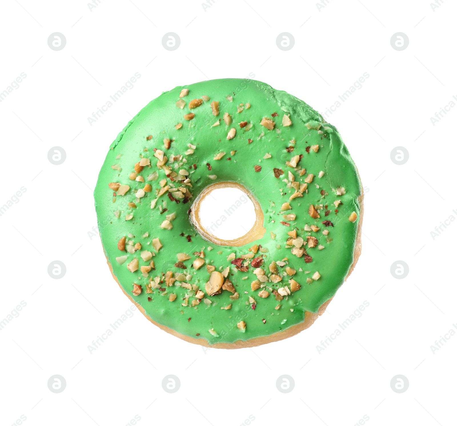 Photo of Sweet tasty glazed donut decorated with nuts isolated on white