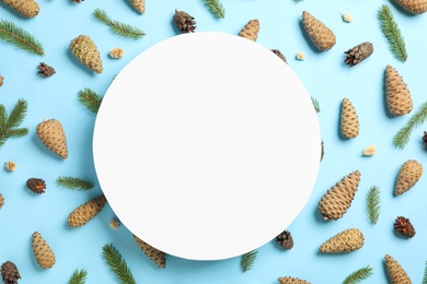 Flat lay composition with pinecones and blank card on light blue background. Space for text