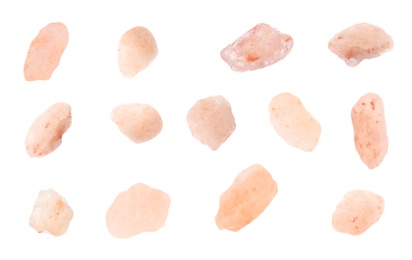 Image of Set with pink himalayan salt on white background