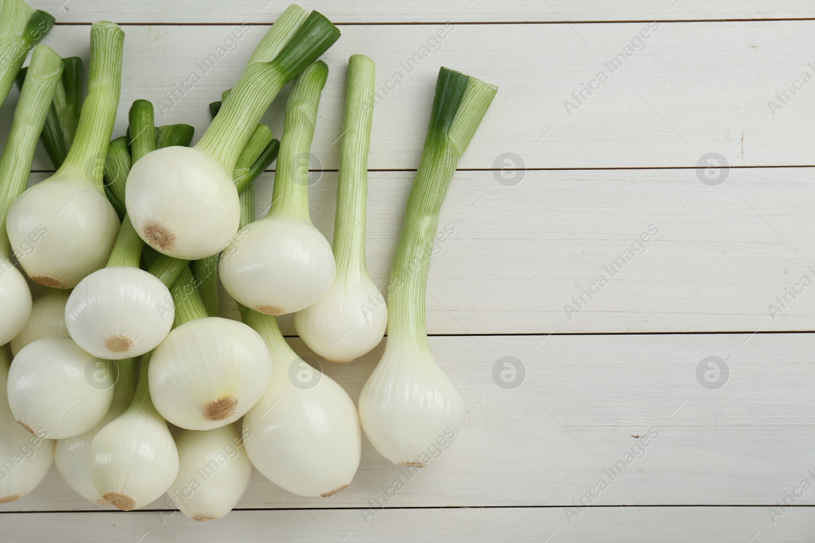 Photo of Whole green spring onions on white wooden table, flat lay. Space for text