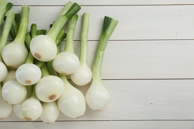 Whole green spring onions on white wooden table, flat lay. Space for text