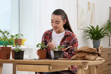 Photo of Happy woman planting seedlings into pot at wooden table in room