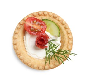 Delicious canape with dry smoked sausage, cream cheese and vegetables isolated on white, top view