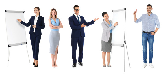 Collage with photos of business trainers on white background, banner design 