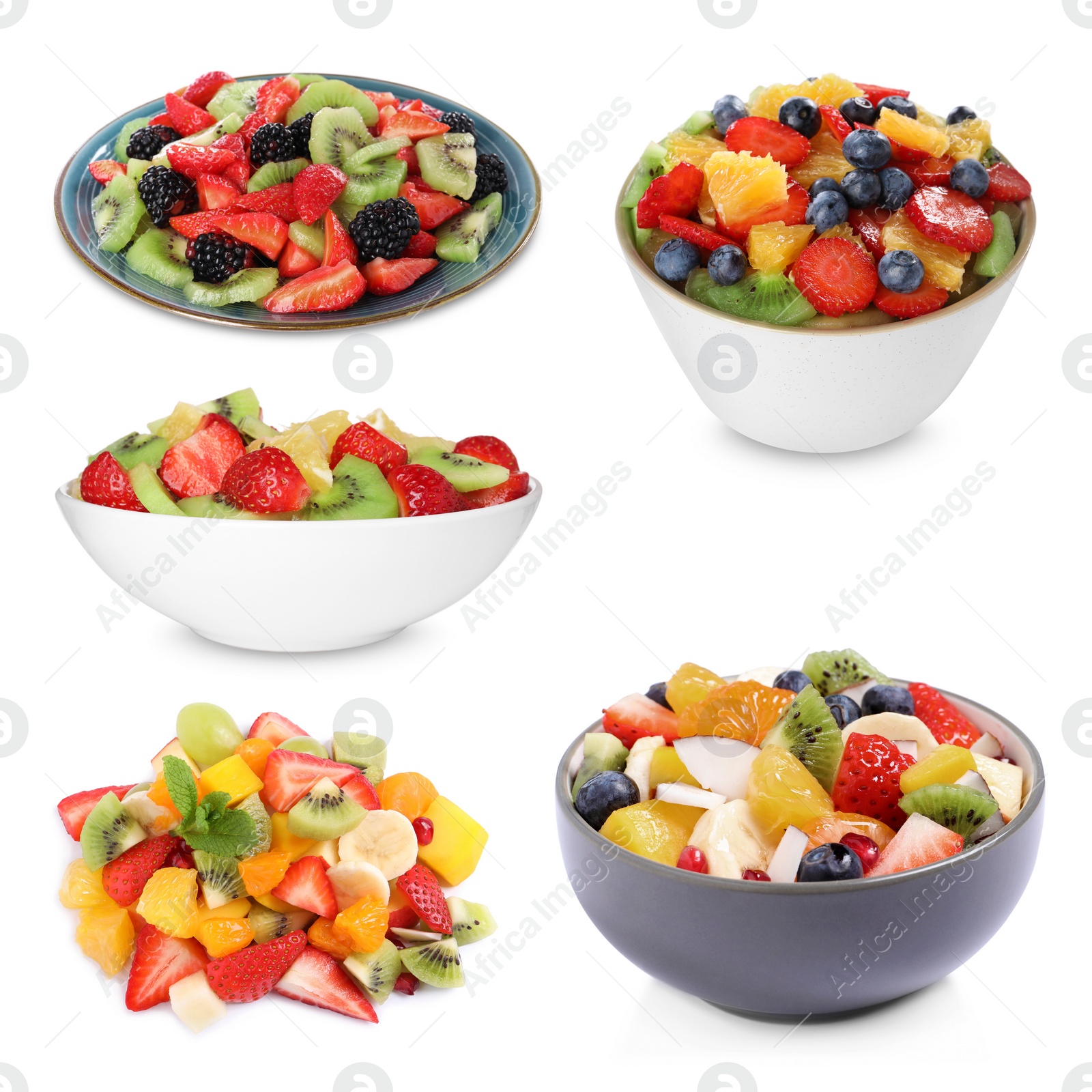 Image of Fruit salad, collection. Mixed fresh berries and fruits isolated on white