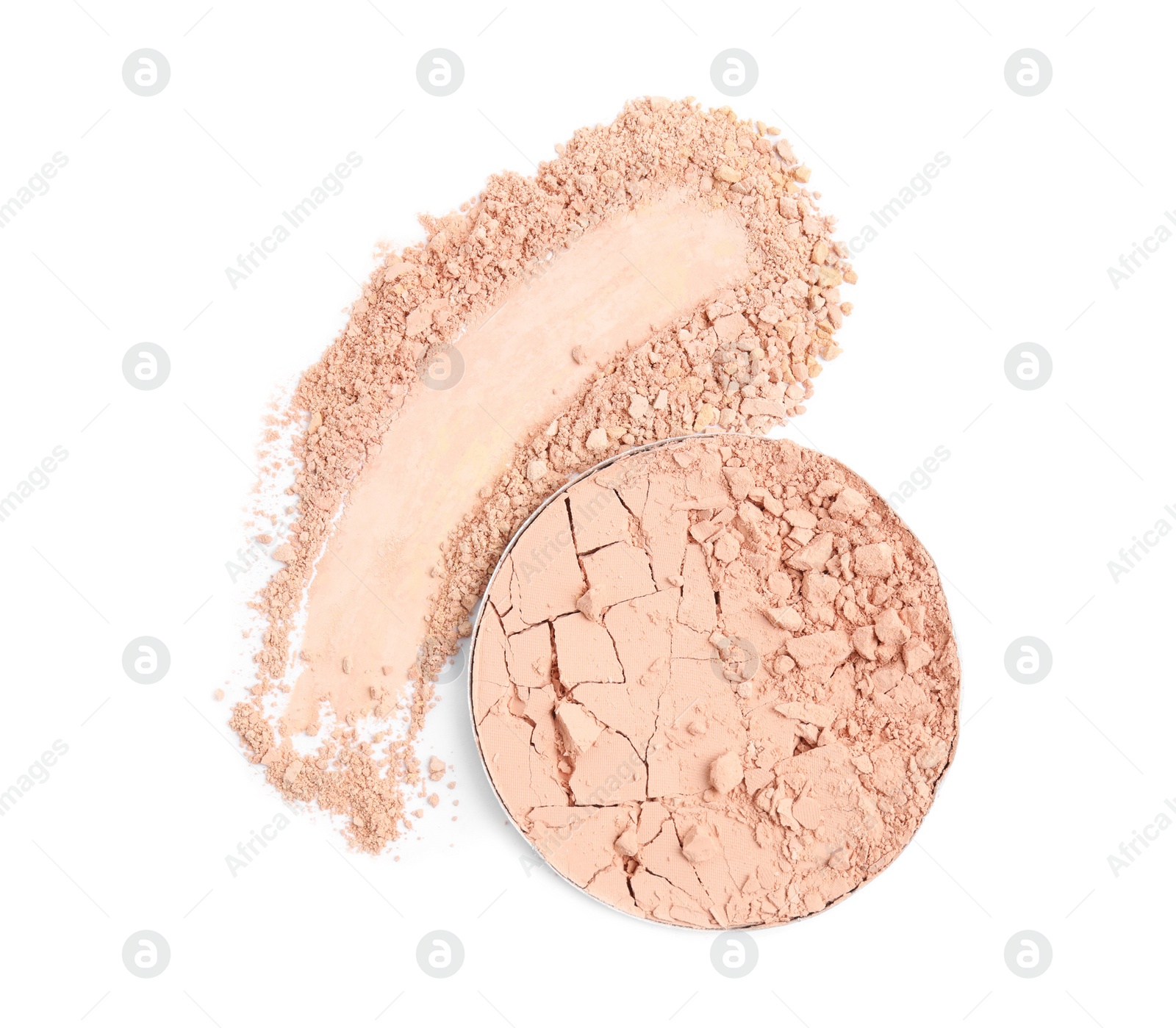 Photo of Broken face powder and swatch on white background, top view