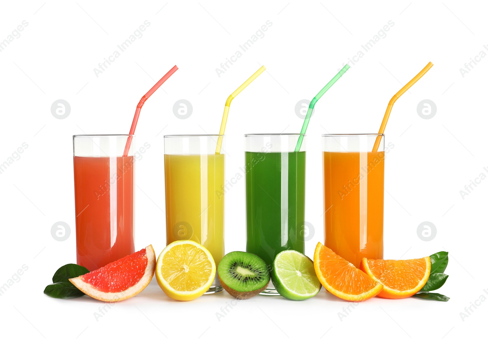 Photo of Glasses with different juices and fresh fruits on white background