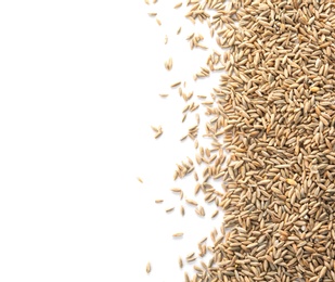 Photo of Raw rye on white background. Healthy grains and cereals