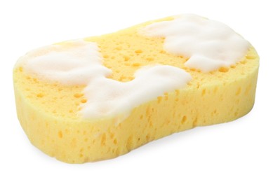 Yellow sponge with foam isolated on white