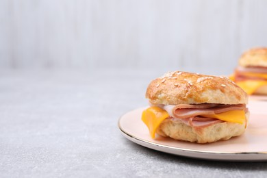 Photo of Delicious bagel with ham and cheese on light grey table. Space for text