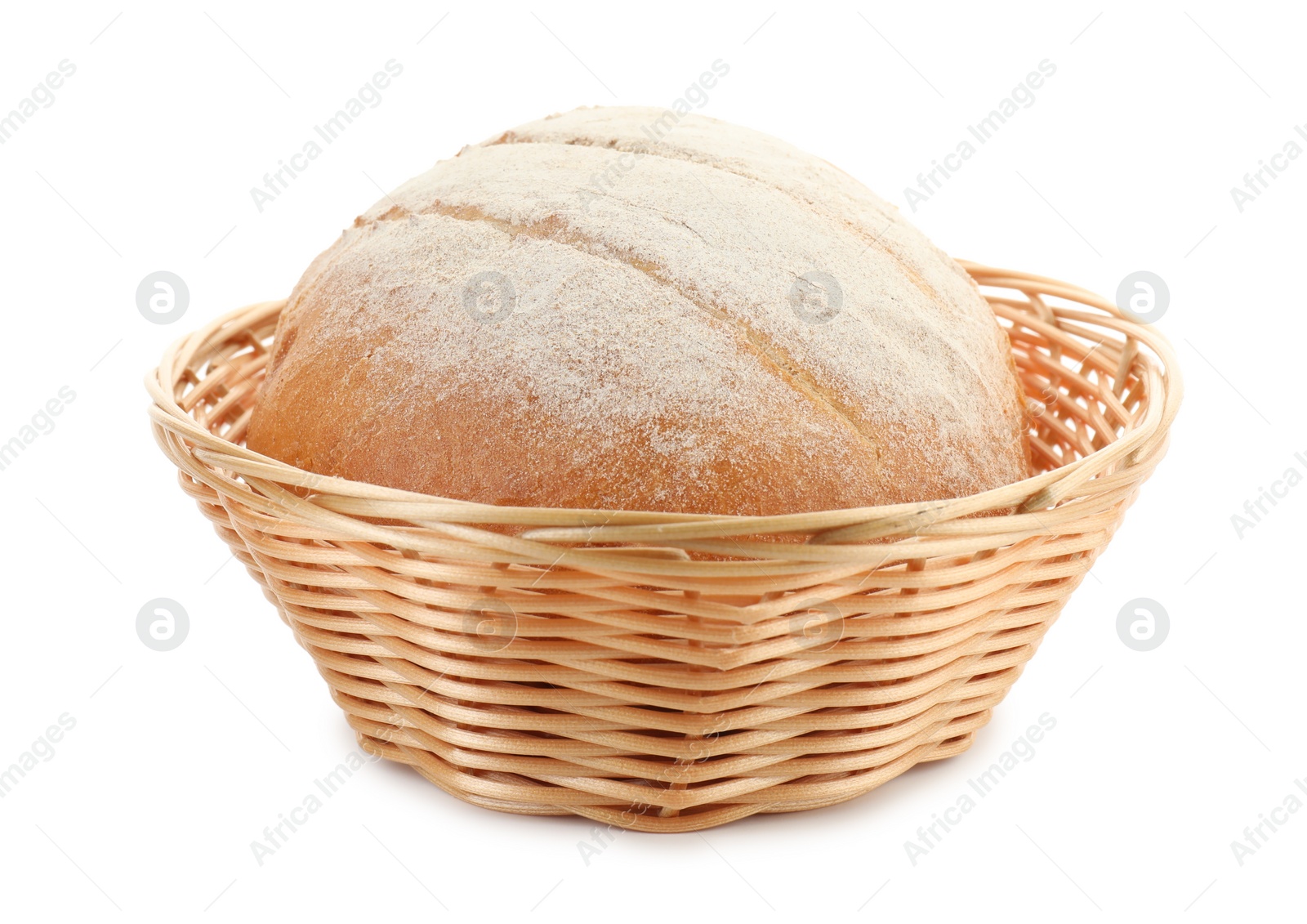 Photo of Wicker basket with fresh bread isolated on white