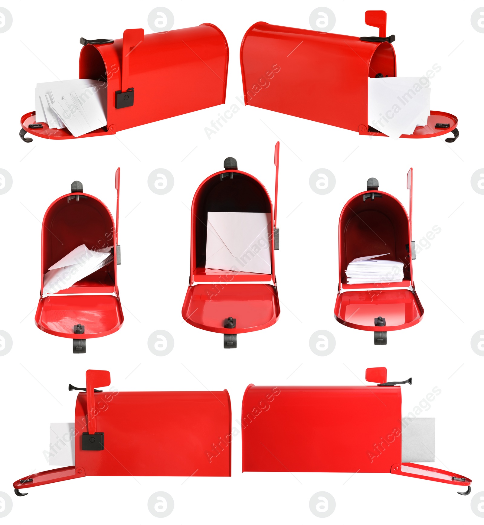 Image of Set of open red letter boxes with correspondence on white background