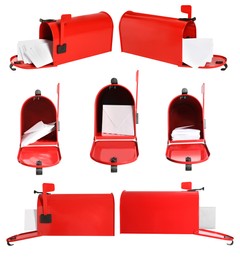 Image of Set of open red letter boxes with correspondence on white background