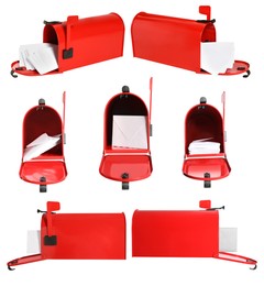 Set of open red letter boxes with correspondence on white background