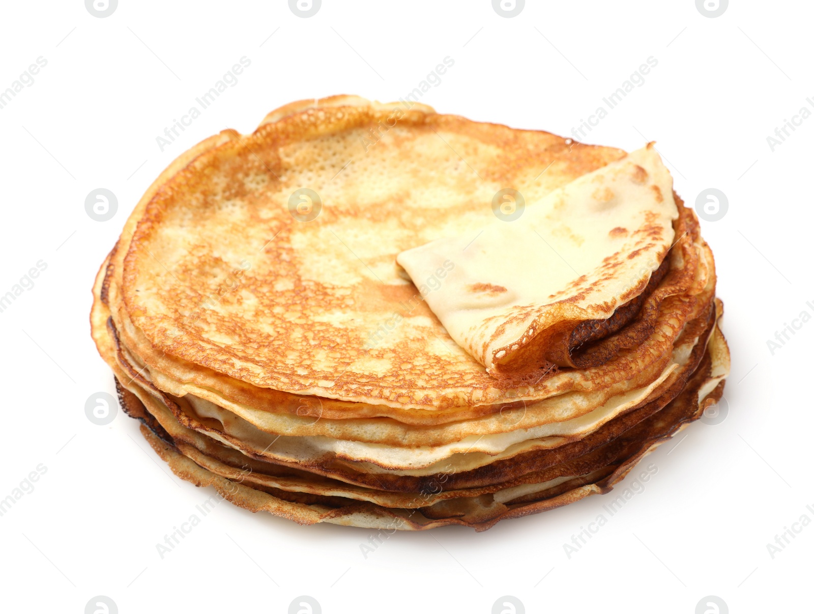 Photo of Stack of delicious crepes on white background