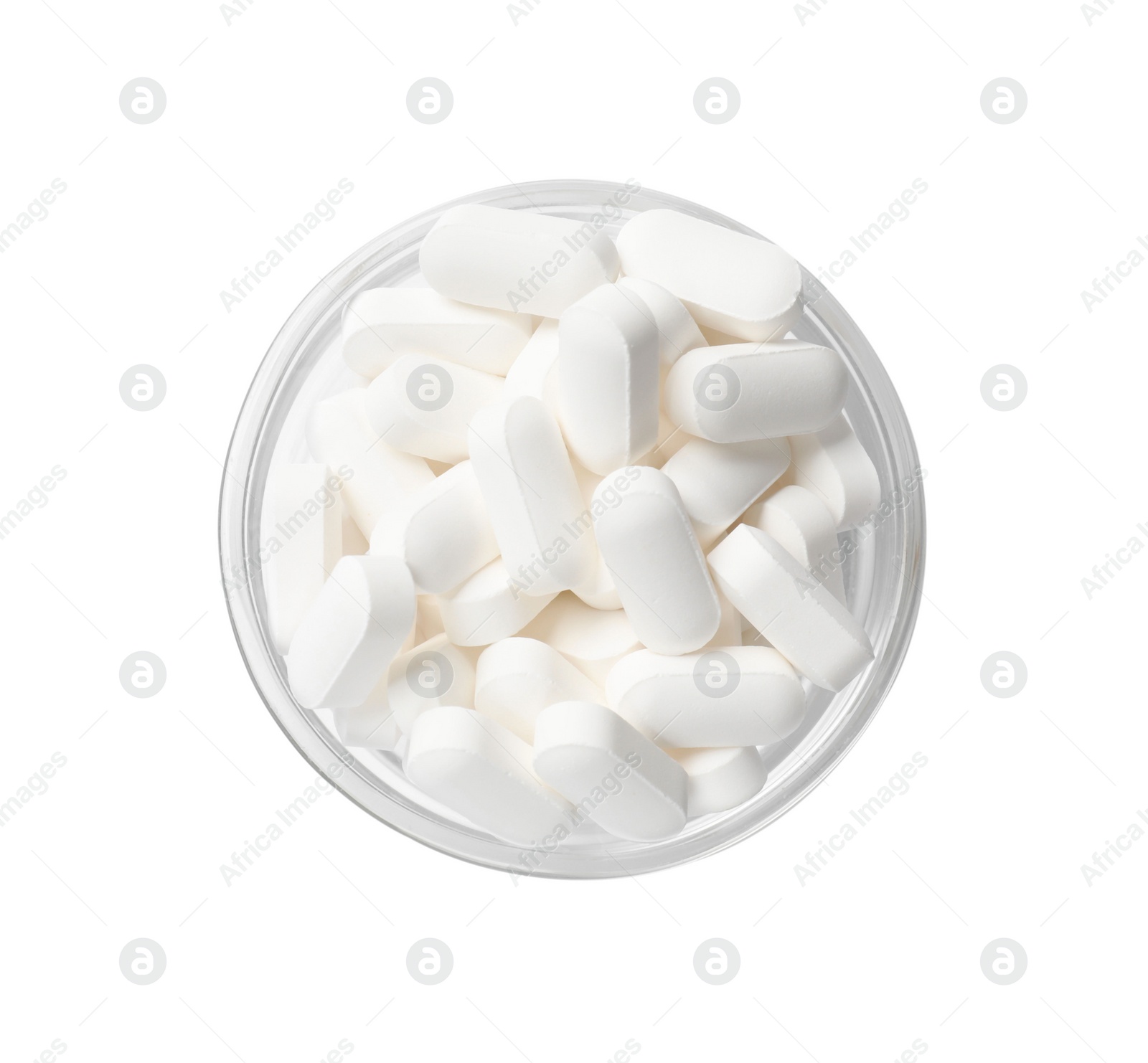 Photo of Different vitamin capsules in bowl isolated on white, top view