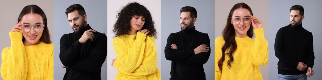 People in warm sweaters on grey background, set of photos