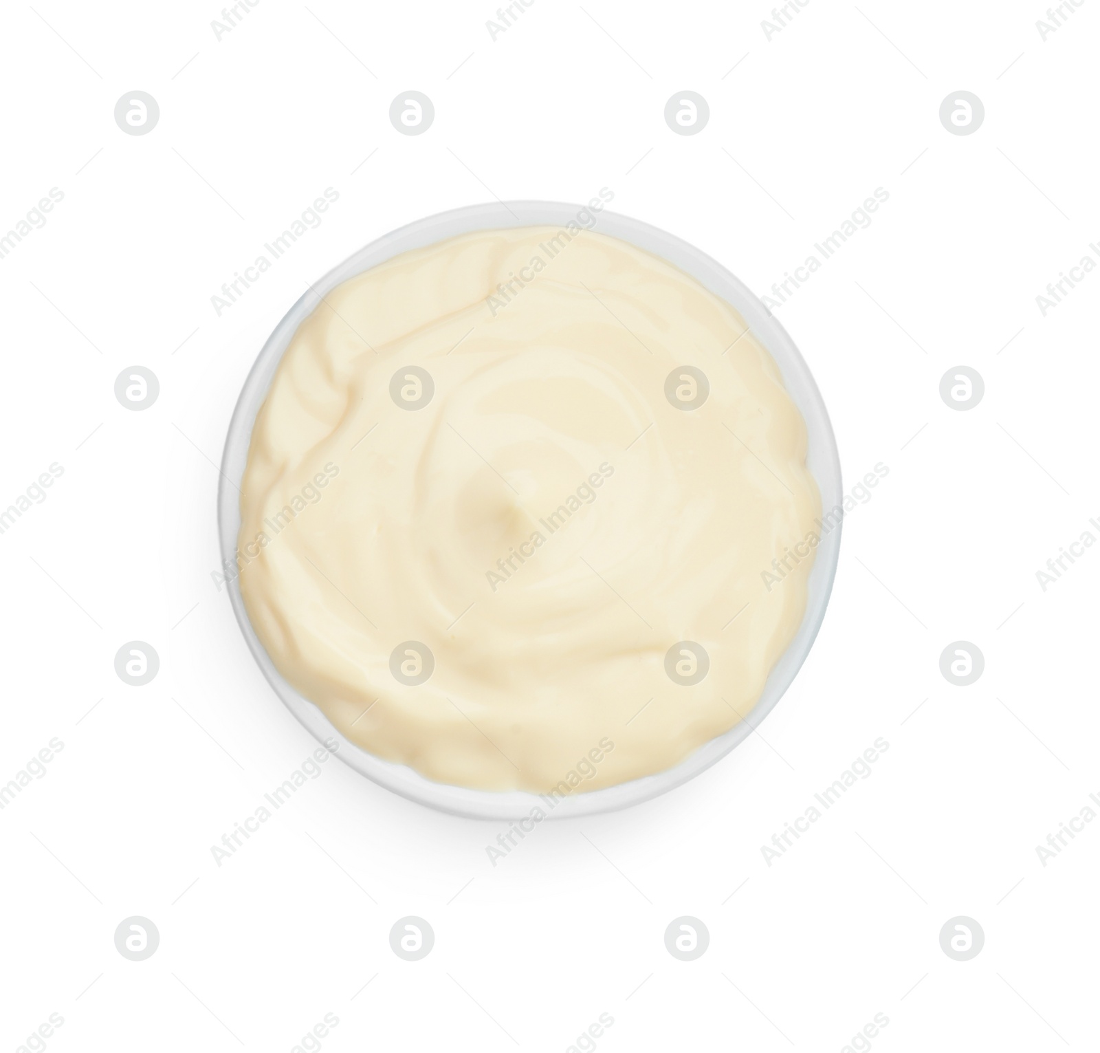 Photo of Tasty mayonnaise in bowl isolated on white, top view