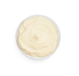 Photo of Tasty mayonnaise in bowl isolated on white, top view