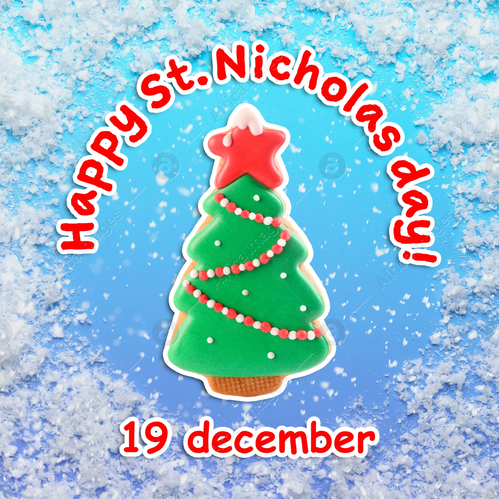 Image of Happy St. Nicholas day, greeting card design. Tasty cookie in shape of Christmas tree on light background with snow