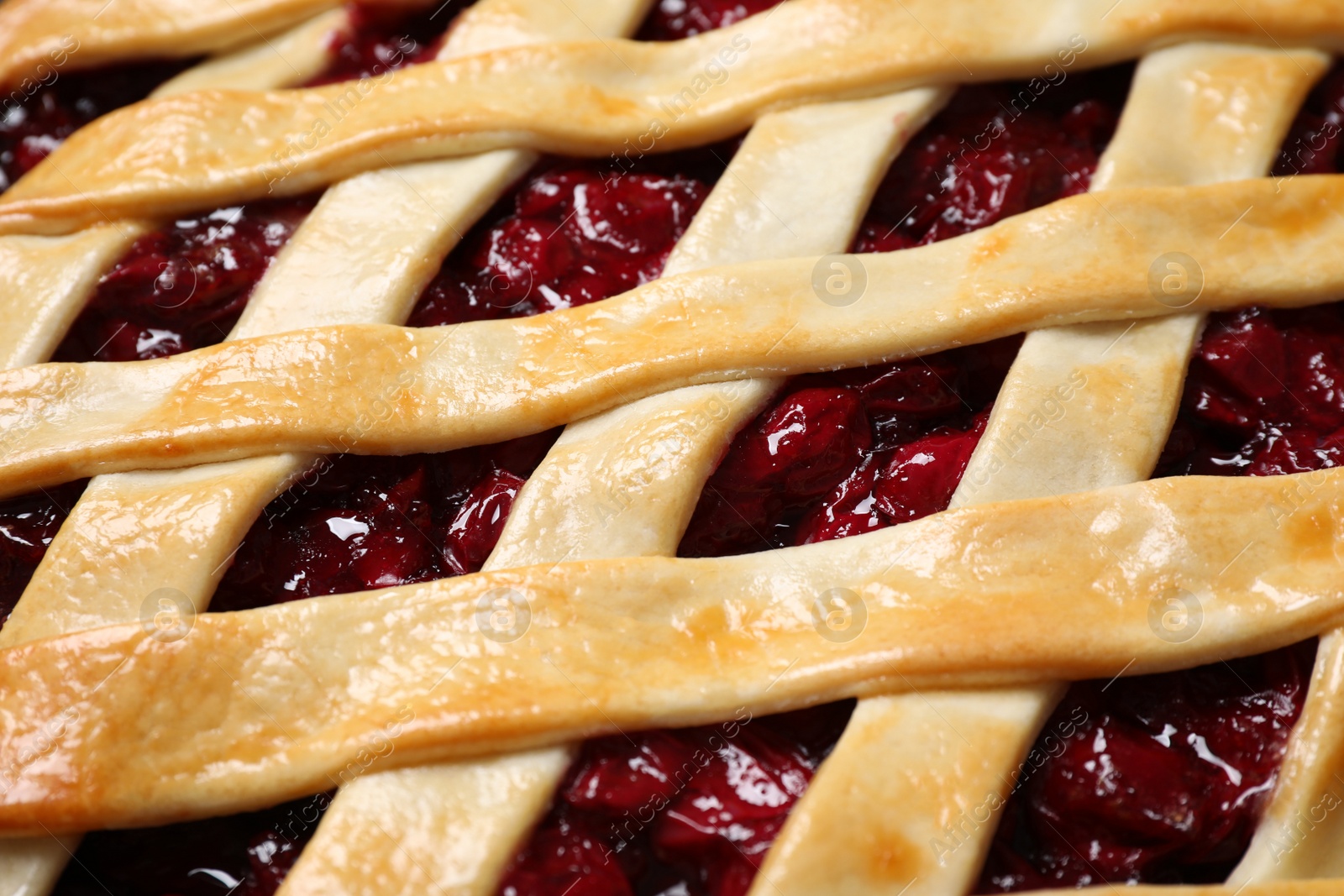 Photo of Delicious fresh cherry pie as background, closeup