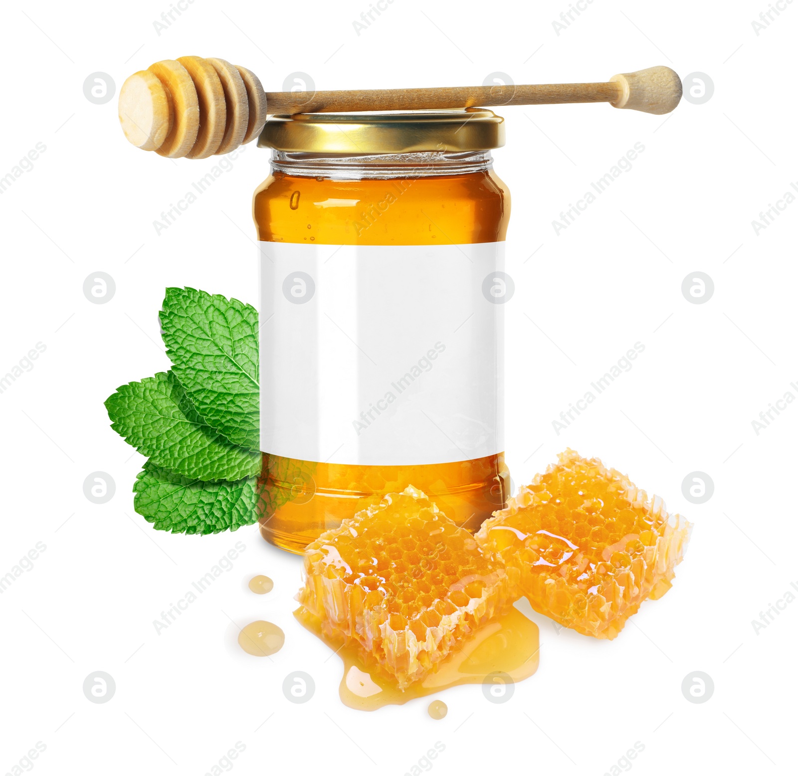 Image of Sweet honey in glass jar with blank label, wooden honey dipper and pieces of honeycomb on white background. Mockup for design