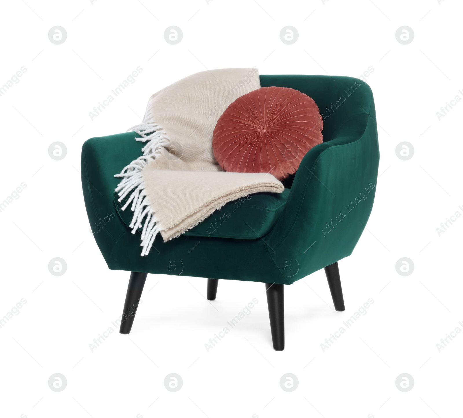 Photo of One stylish comfortable armchair with pillow and blanket isolated on white