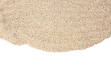 Photo of Dry beach sand isolated on white, top view