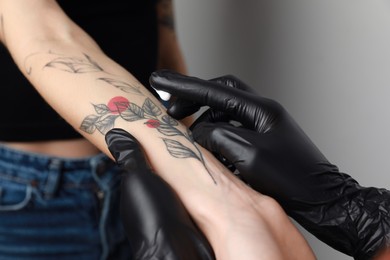 Photo of Worker in gloves applying cream on woman's arm with tattoo against light background, closeup