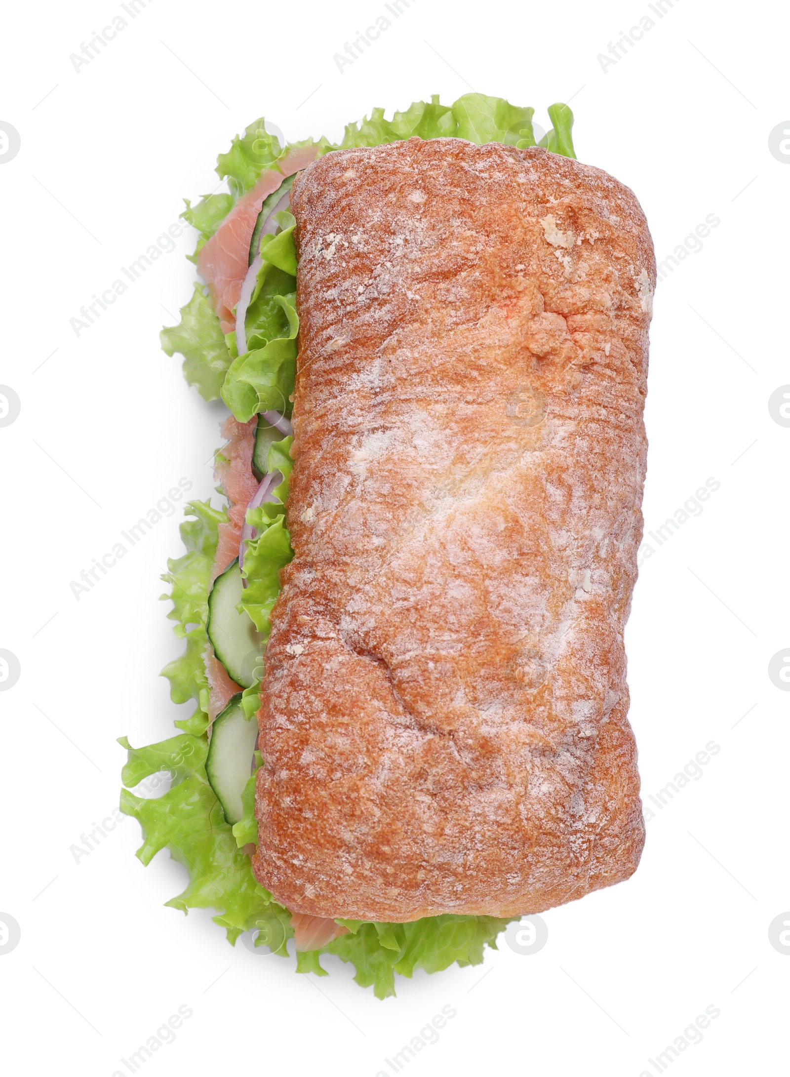 Photo of Delicious sandwich with fresh vegetables and salmon isolated on white, top view