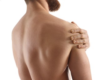 Man with muscular body on white background, closeup