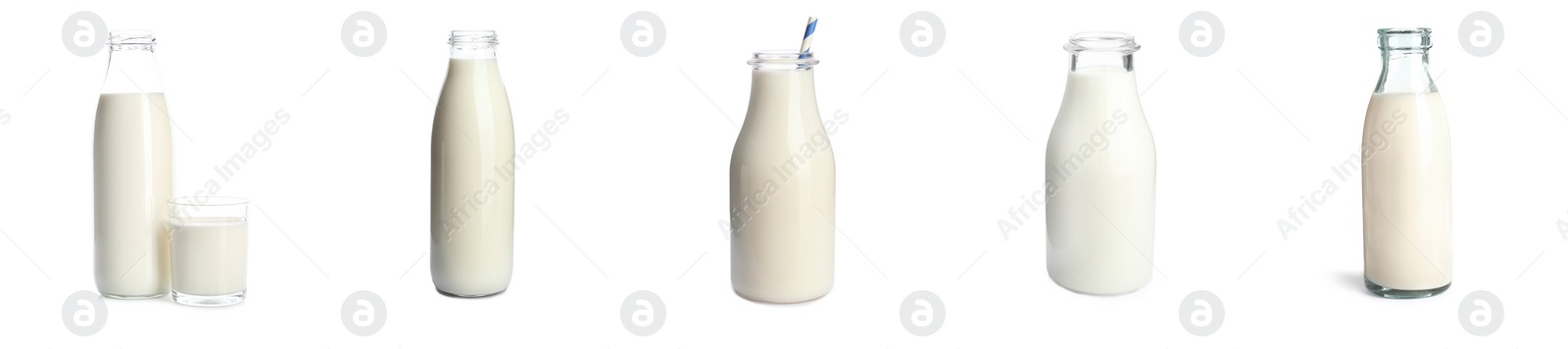 Image of Set with different glassware of fresh milk on white background. Banner design