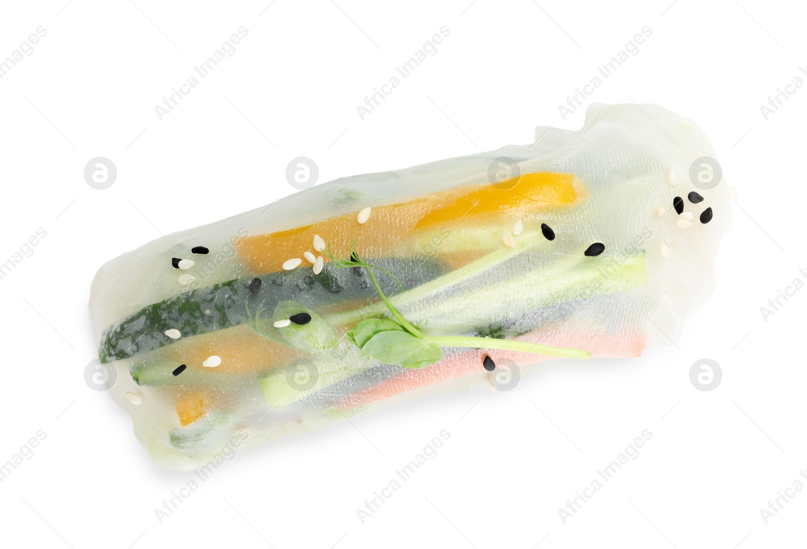 Photo of Tasty spring roll with sesame seeds and microgreens isolated on white, top view