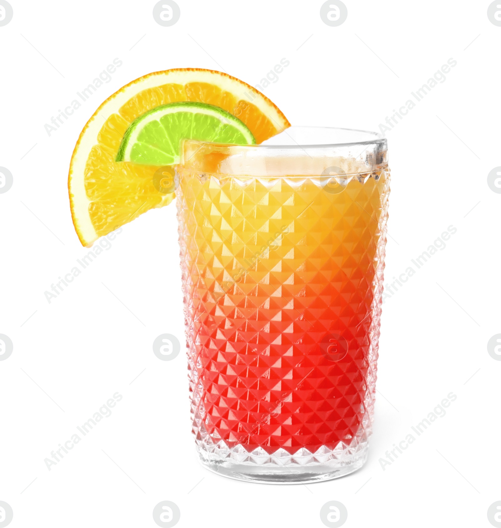 Photo of Fresh alcoholic Tequila Sunrise cocktail isolated on white