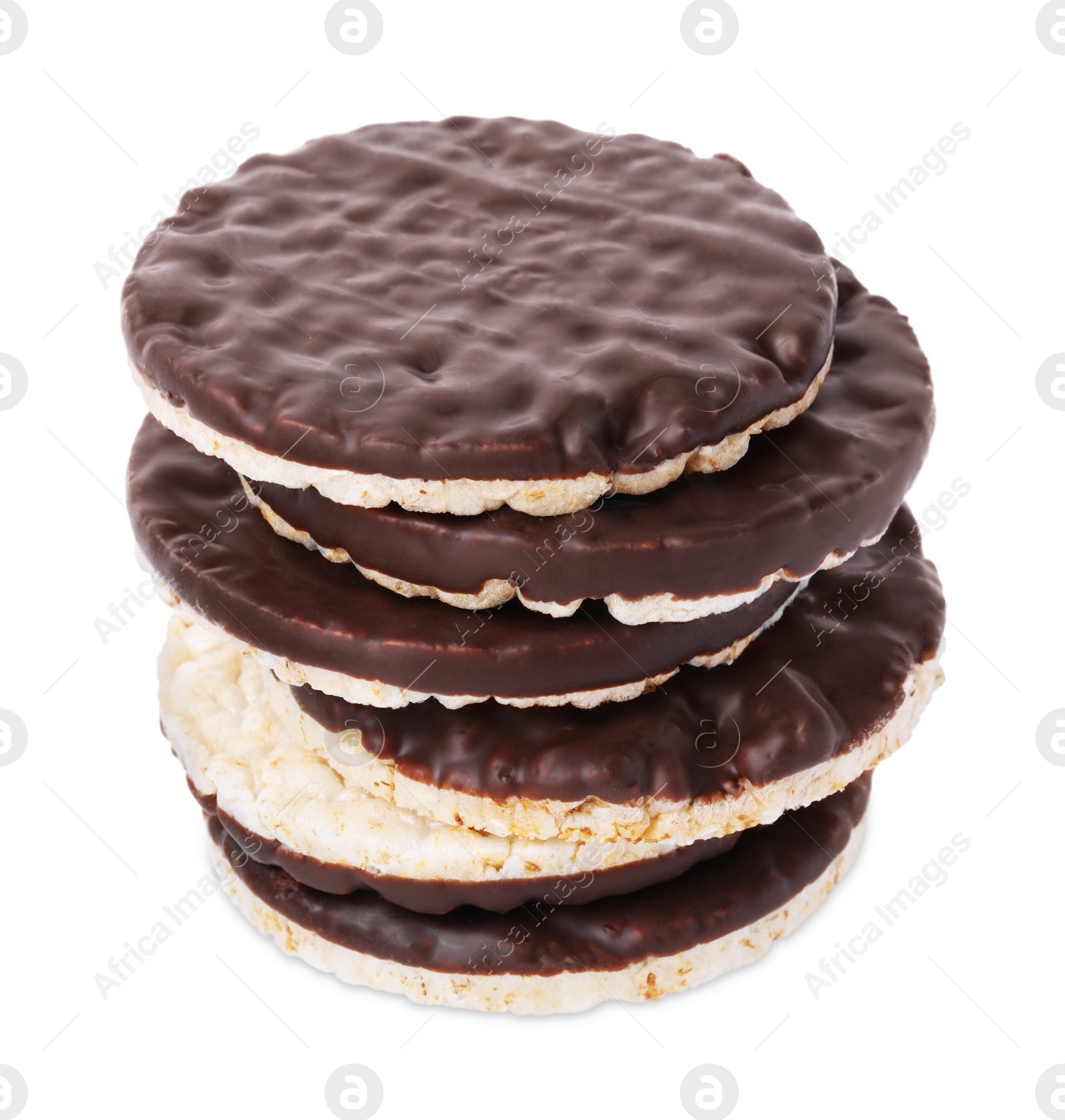 Photo of Stack of puffed rice cakes with chocolate spread isolated on white