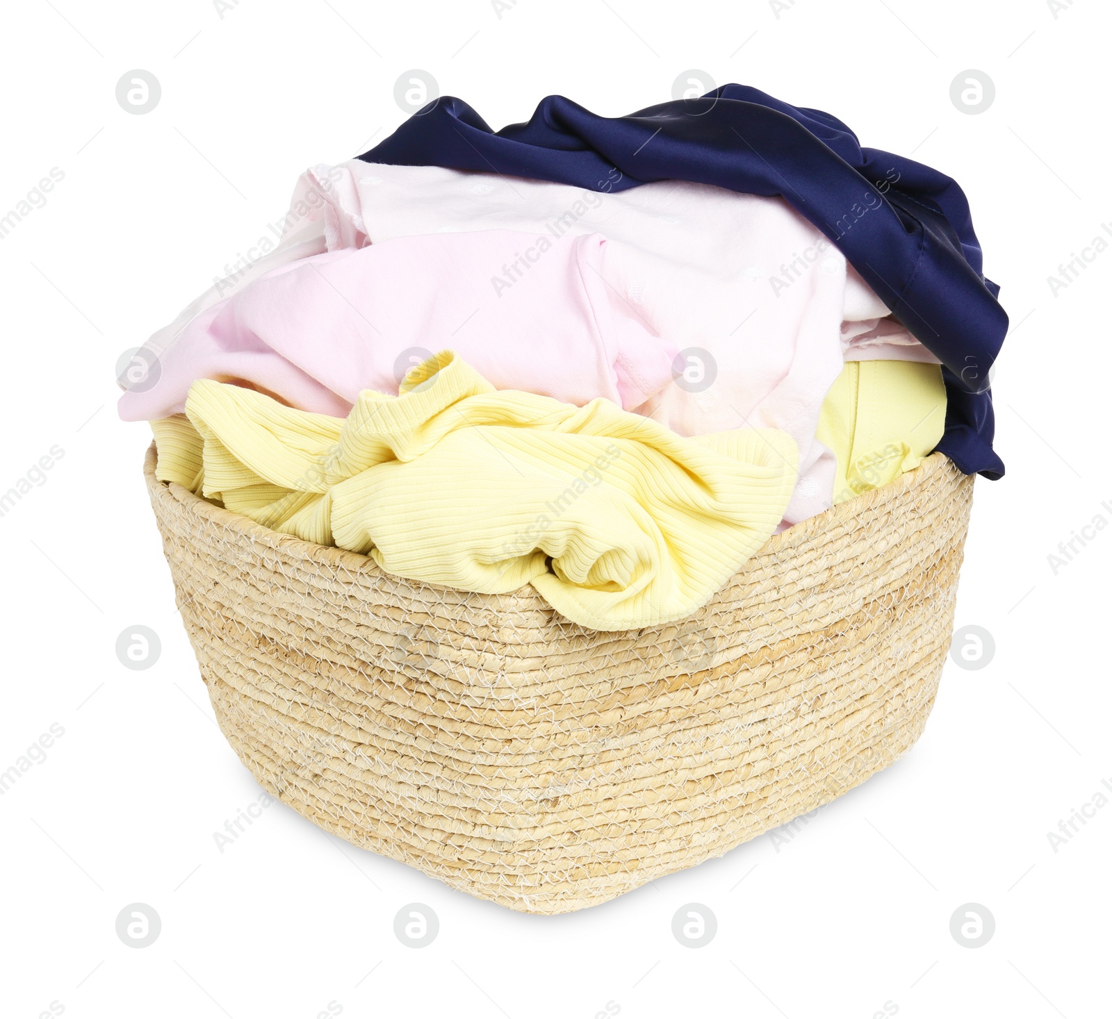 Photo of Wicker laundry basket with clean colorful clothes isolated on white