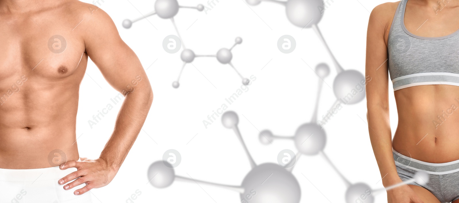 Image of Metabolism concept. Man and woman with slim bodies on white background, closeup 